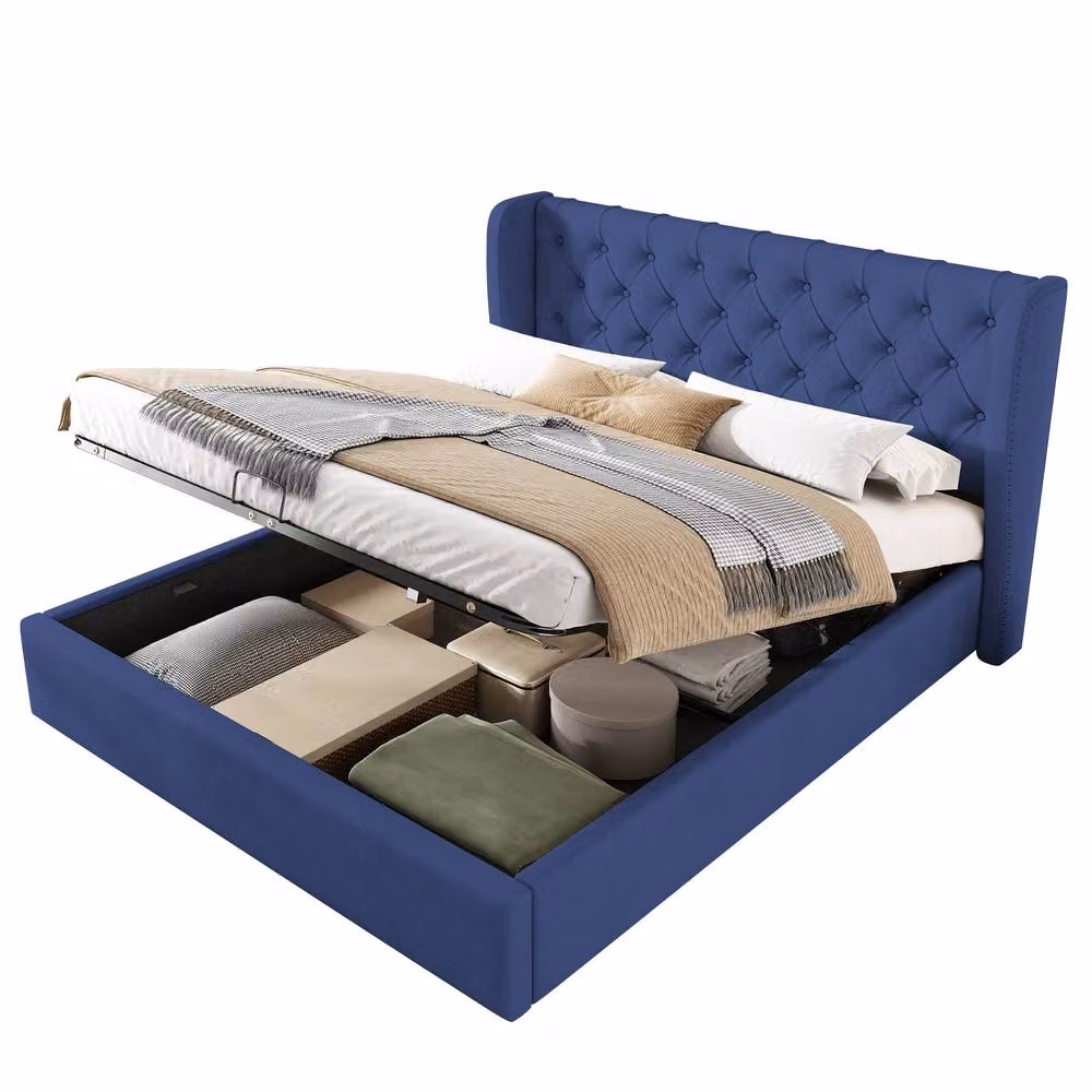 Rolipo Blue Velvet Upholstered Double Bed with Lift Up Base, W/D/H: 140 x 200 cm – 5