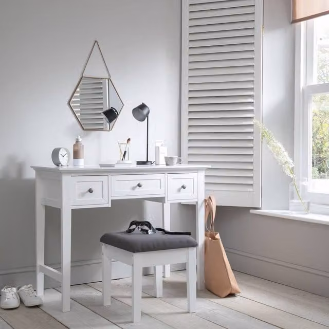 Nöa and Nani Karlstad Modern Dressing Table with Drawers and Stool in White and Grey – 1