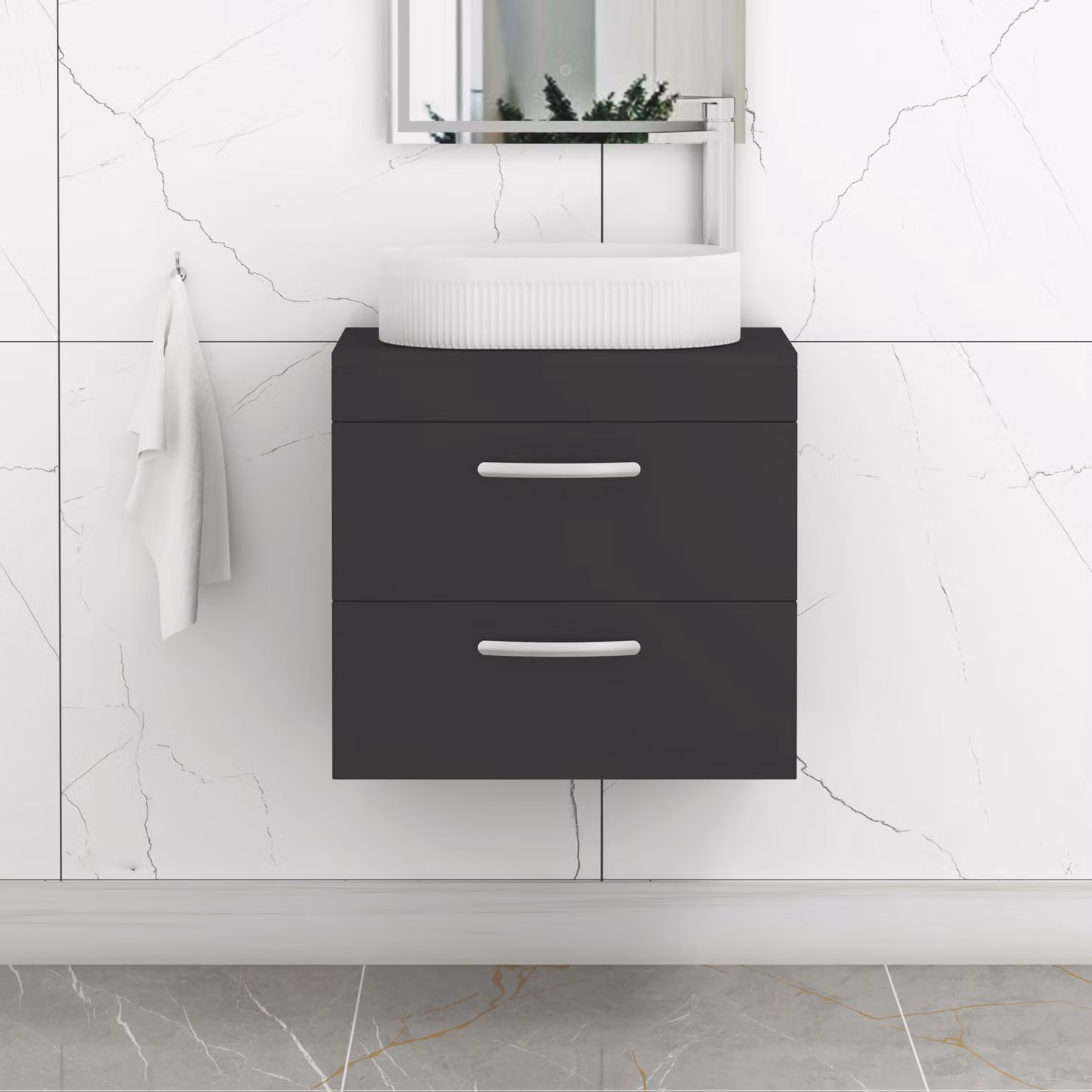 Royal Bathrooms Turin 800mm Wall Hung Vanity Unit with 2 Drawers and Countertop Basin in Matt Black