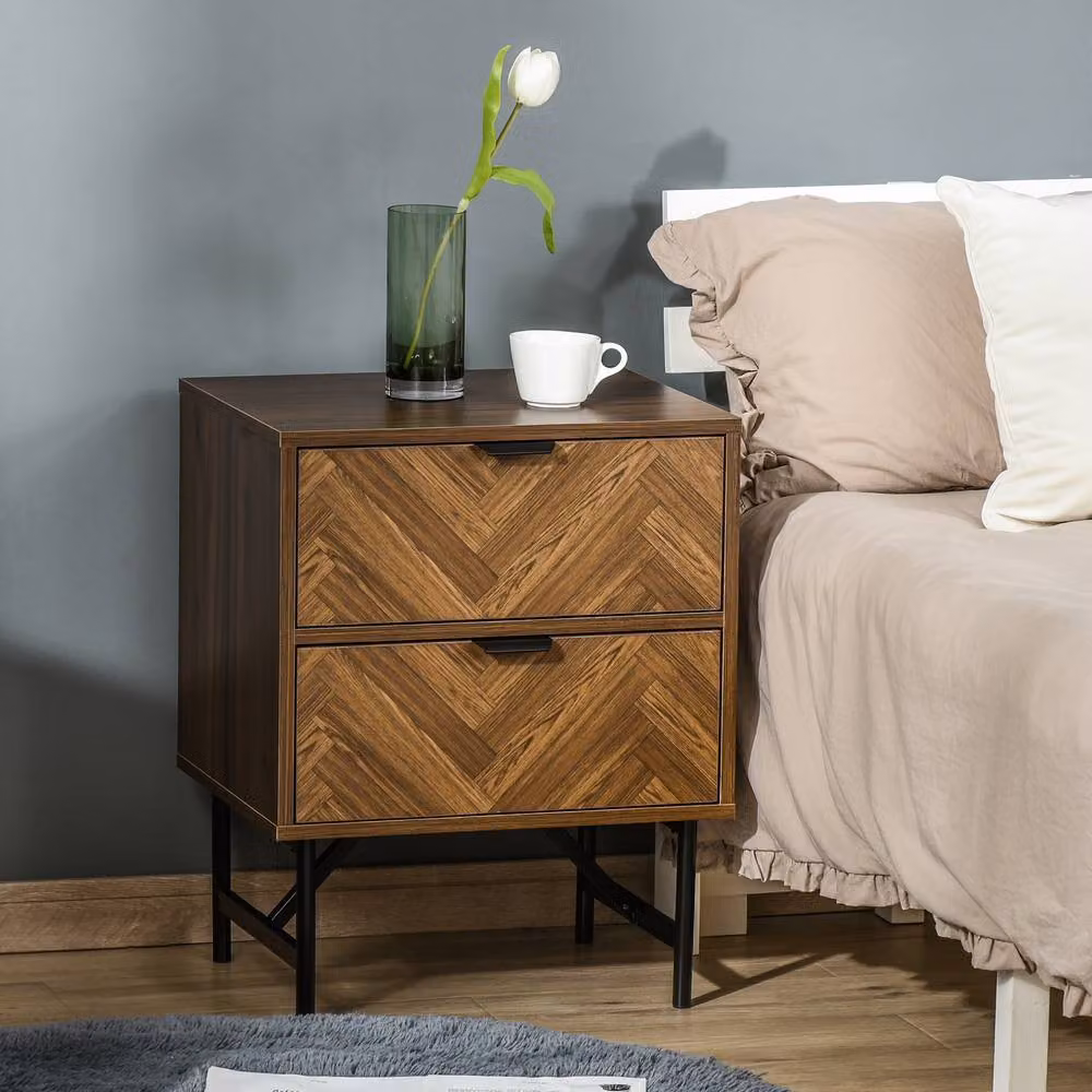 STILVORA Bedside Table with 2 Drawers in Brown Matt Wood and Metal – 2