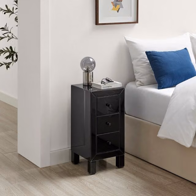 FurnitureboxUK Lexi Small Slimline 3 Drawer Wooden Bedside Table with Modern Mirrored Finish in Black – 1