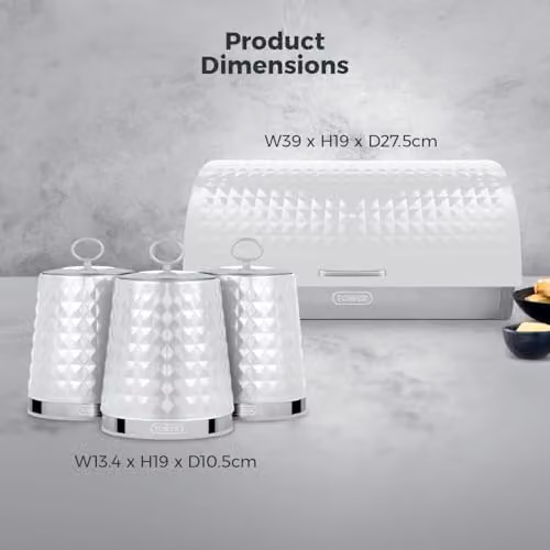 Tower Solitaire Roll Top Bread Bin and Set of 3 Airtight Canisters in White with Stainless Steel Lids – 4