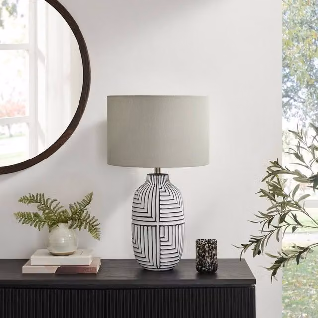 FurnitureboxUK Maze Round Ceramic Table Lamp in Grey, Black and Beige – 1