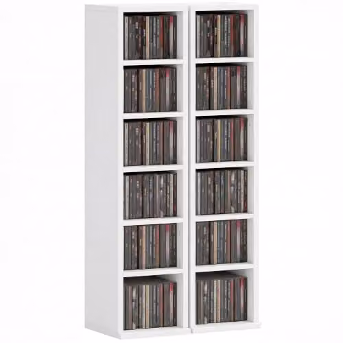 HOMCOM Set of 2 White MDF CD and DVD Storage Units with Adjustable Shelves and Media Compartments – 1