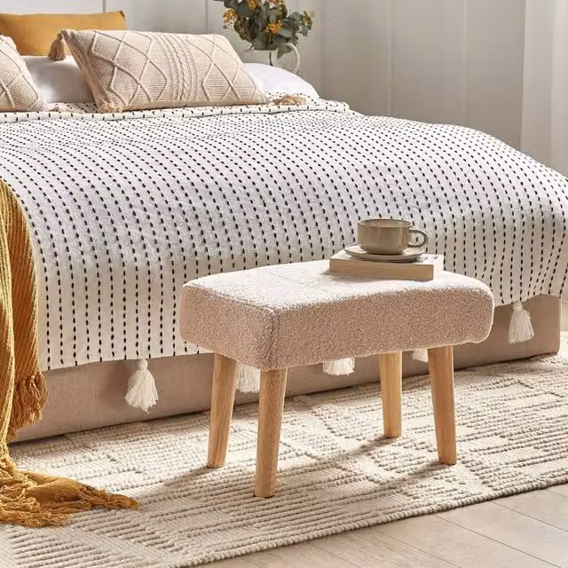 Wyld and Coco Beige Bouclé Rectangular Footstool with Rubberwood Legs – 1
