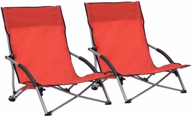 Berkfield Home Set of 2 Red Fabric Folding Beach Chairs with Armrests