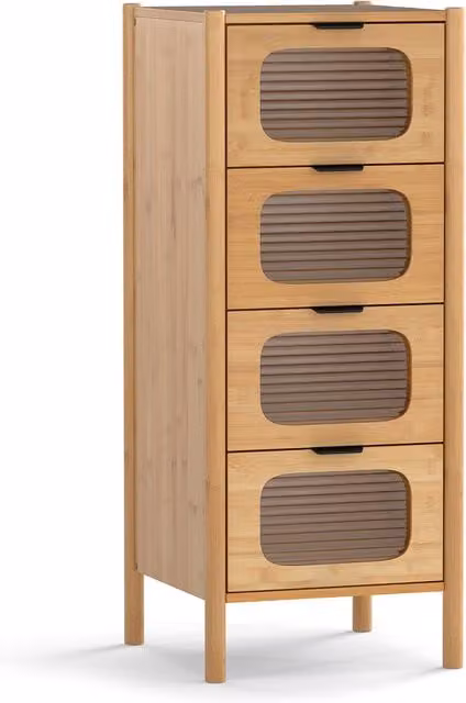Costway Brown Bamboo 4-Drawer Dresser with Rattan and Glass Details