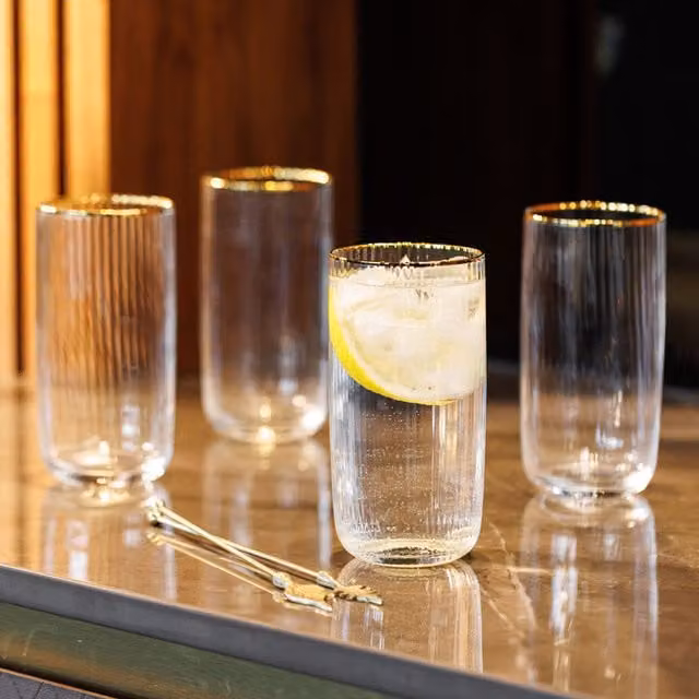 Mikasa Set of 4 Striped Gold Crystal Highball Tumbler Glasses, 510 ml each