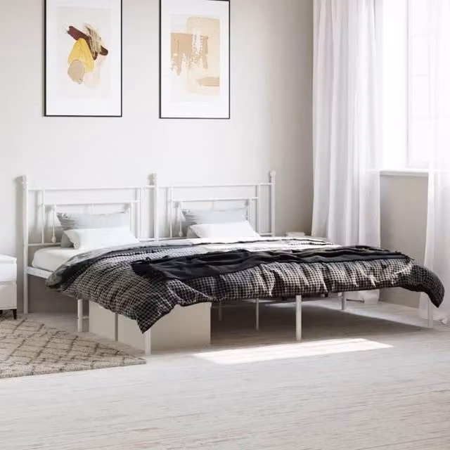 Berkfield Home Metal Bed Frame with Headboard, White, W/D/H: 193 x 203 cm