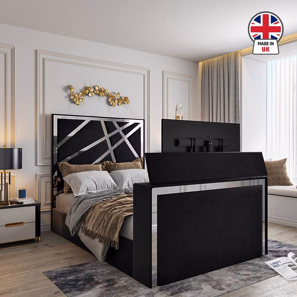 KDMD Askham Upholstered Soft Velvet TV Bed Frame in Black, Super King, W/D/H: 200 x 152 x 189 cm – 3