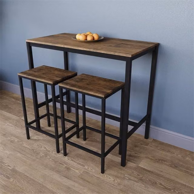 PAWNORA Modern Wooden Bar Table and Stool Set in Brown
