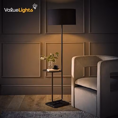 ValueLights Black Marble Base Floor Lamp with Large Grey Fabric Shade – 2
