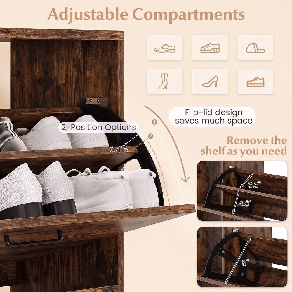 Costway Freestanding Shoe Storage Cabinet with 3 Tilting Compartments in Brown – 4