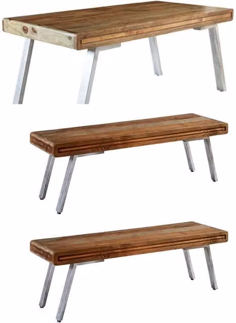 IH Design Retro Rectangular Wood and Metal Dining Table Set with 2 Benches in Brown