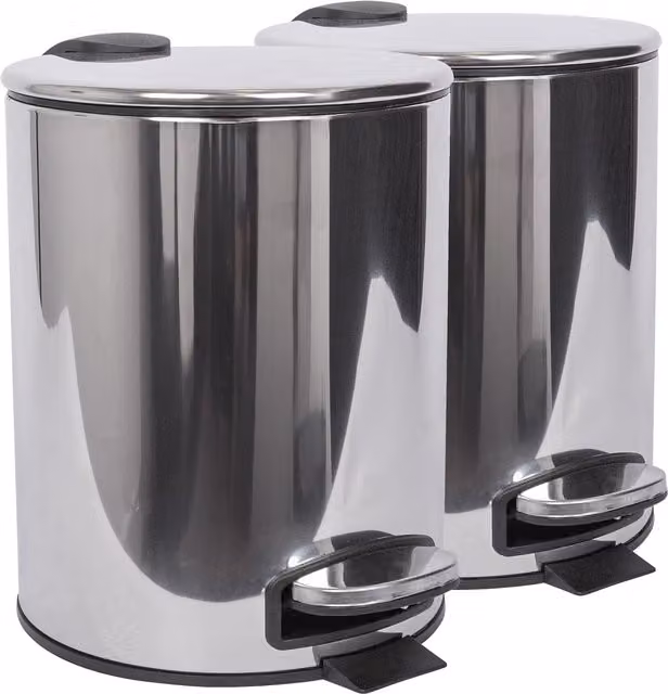 Harbour Housewares Pack of 2 Silver Stainless Steel Round Pedal Bins with Removable Inner Bucket, 5L – 7