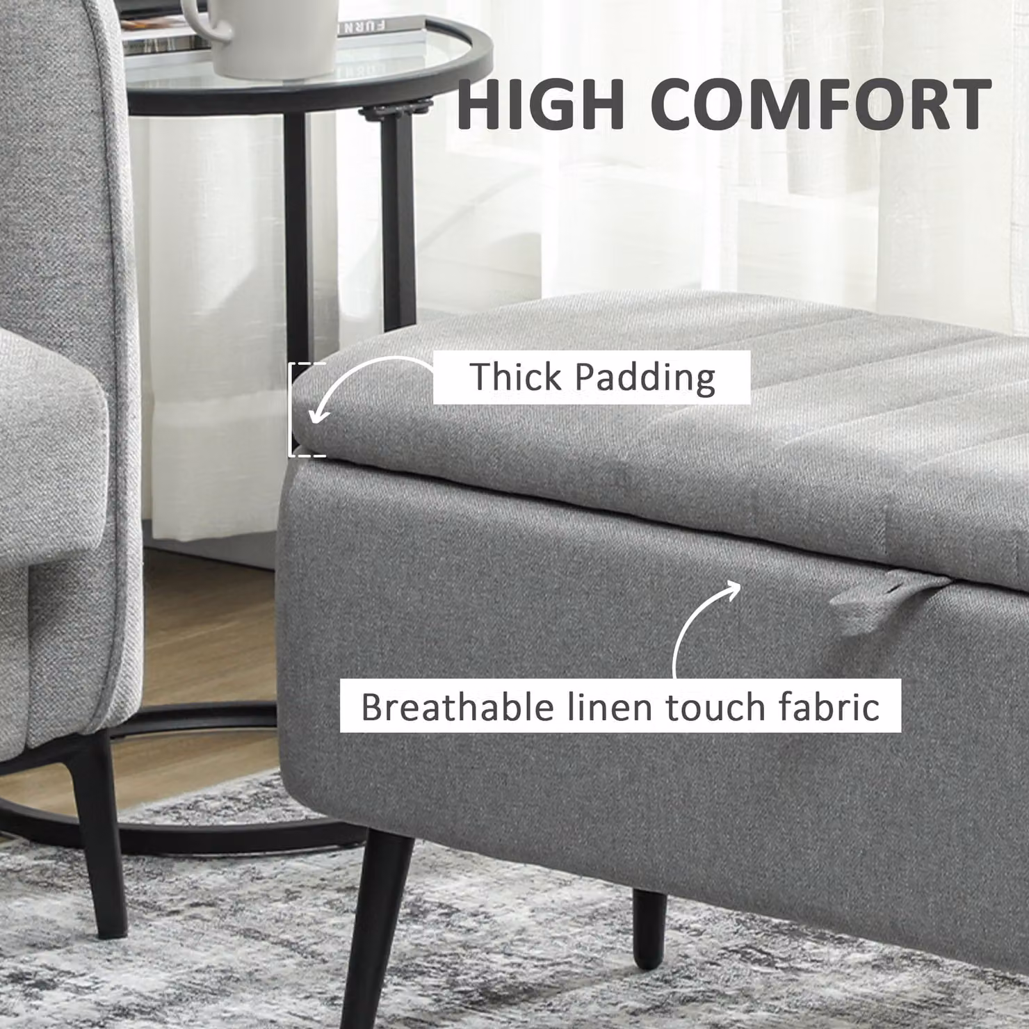 HOMCOM Linen-Look Storage Ottoman in Grey, W: 92 cm, D: 31 cm, H: 31 cm – 5