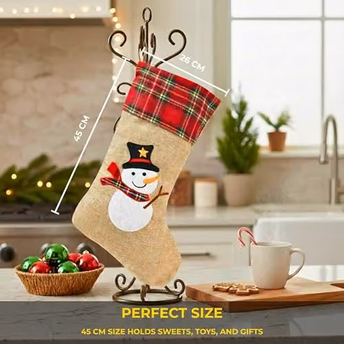 Shatchi Brown Snowman Christmas Stocking, Rustic Burlap Hessian Hanging Sack, W/H: 26 x 25 cm – 3