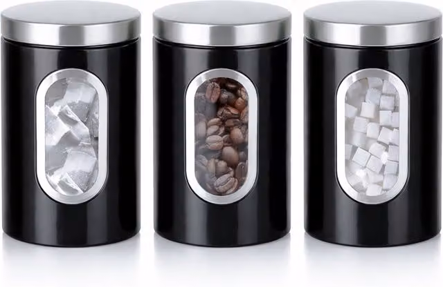 Innoteck 3 Piece Stainless Steel Airtight Kitchen Canister Set with Viewing Window, Black