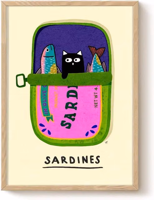 The Paper Tail Black Cat and Sardines Multicolour Wall Art Illustration Print