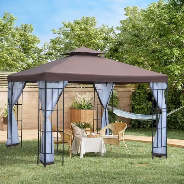 Outsunny Party Tent Marquee Canopy with Mesh Sidewalls, Brown, W/D/H: 300 x 300 x 300 cm