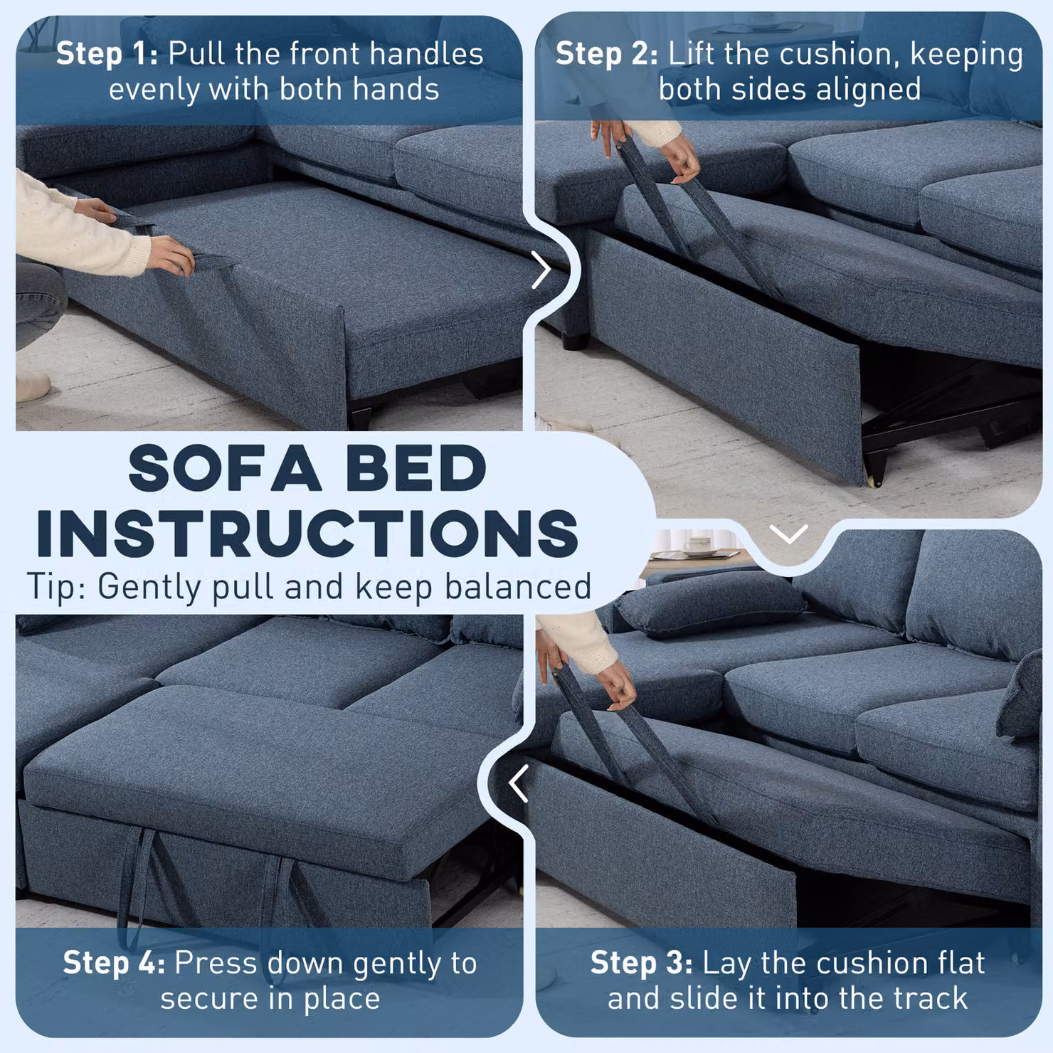 HOMCOM L-Shaped Corner Sofa Bed in Blue with Reversible Storage Chaise, USB Charging and Cup Holders – 6