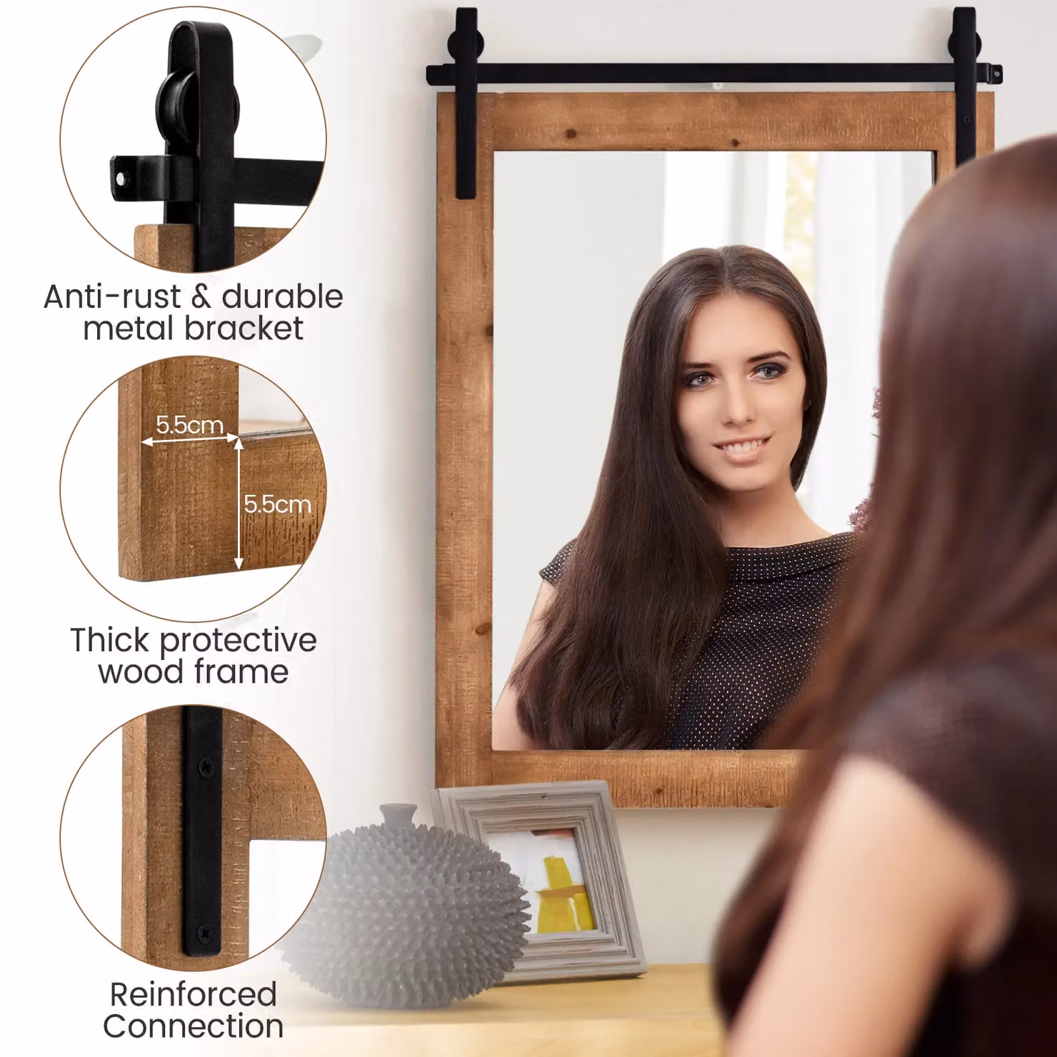 Costway Rustic Brown Wall Mounted Rectangular Decorative Vanity Mirror – 3