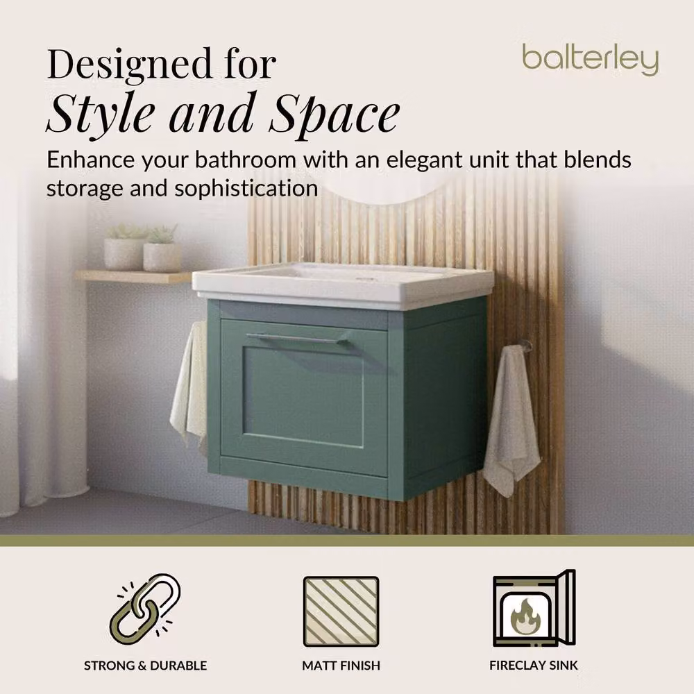 Balterley Wall Hung Single Drawer Vanity Unit with Rectangular Stone Basin in Matt Green, W/D/H: 63.0 x 47.1 x 51.5 cm – 2