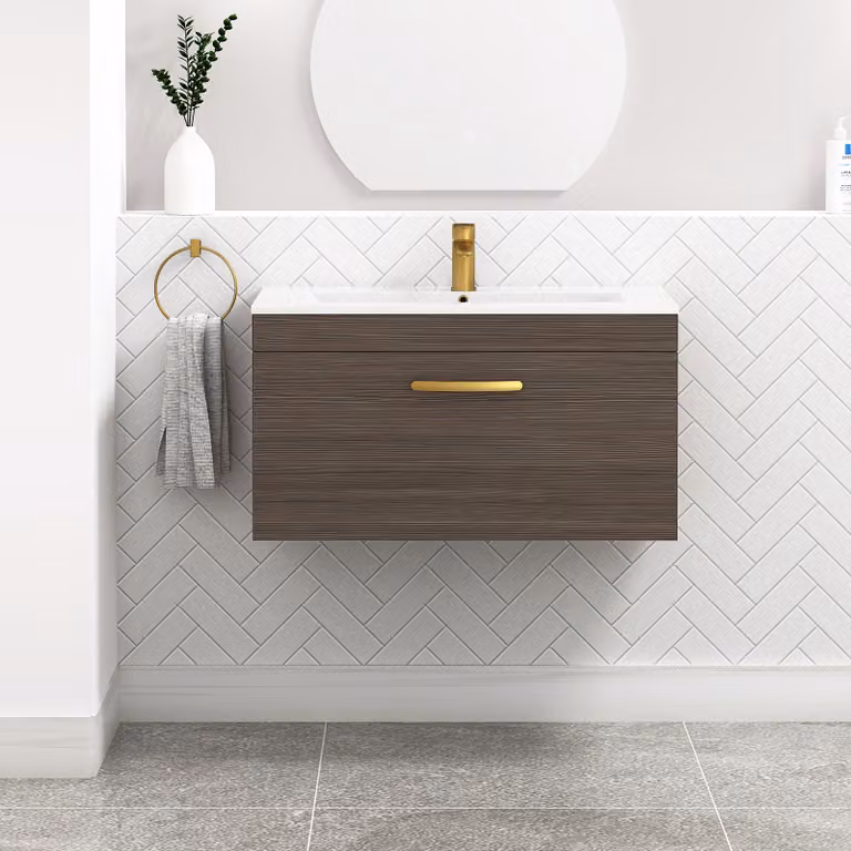Royal Bathrooms Turin 800mm Wall Hung Vanity Sink Unit in Grey Elm with Brushed Brass Handle and Soft Close Drawer