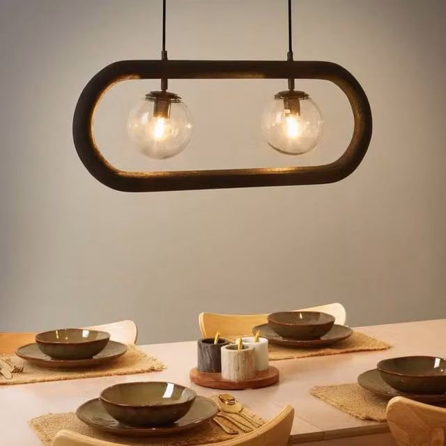 Wyld and Coco Boho-Industrial Black and Wood Suspended Pendant Lamp with Glass – 1