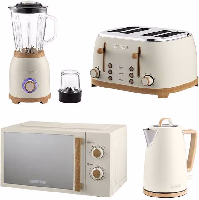 Geepas NordiQ Kitchen Appliance Combo Set including Kettle, Toaster, Microwave and Blender in Beige