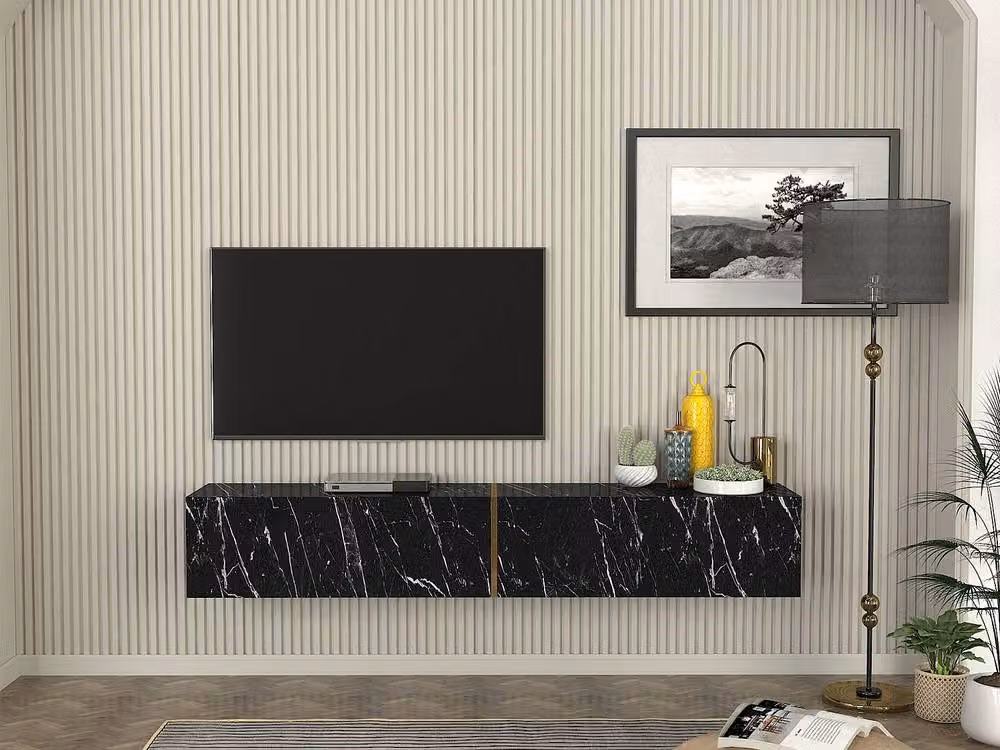 DINOMA Modern Wall-Mounted TV Stand with 2 Doors in Black Marble Effect Glossy Finish, W/D/H: 82.4 x 31.7 x 30.0 cm – 4