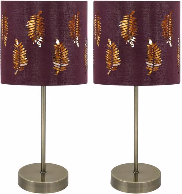 First Choice Lighting Set of 2 Antique Brass Stick Table Lamps with Red Fabric Cylinder Shades – 1