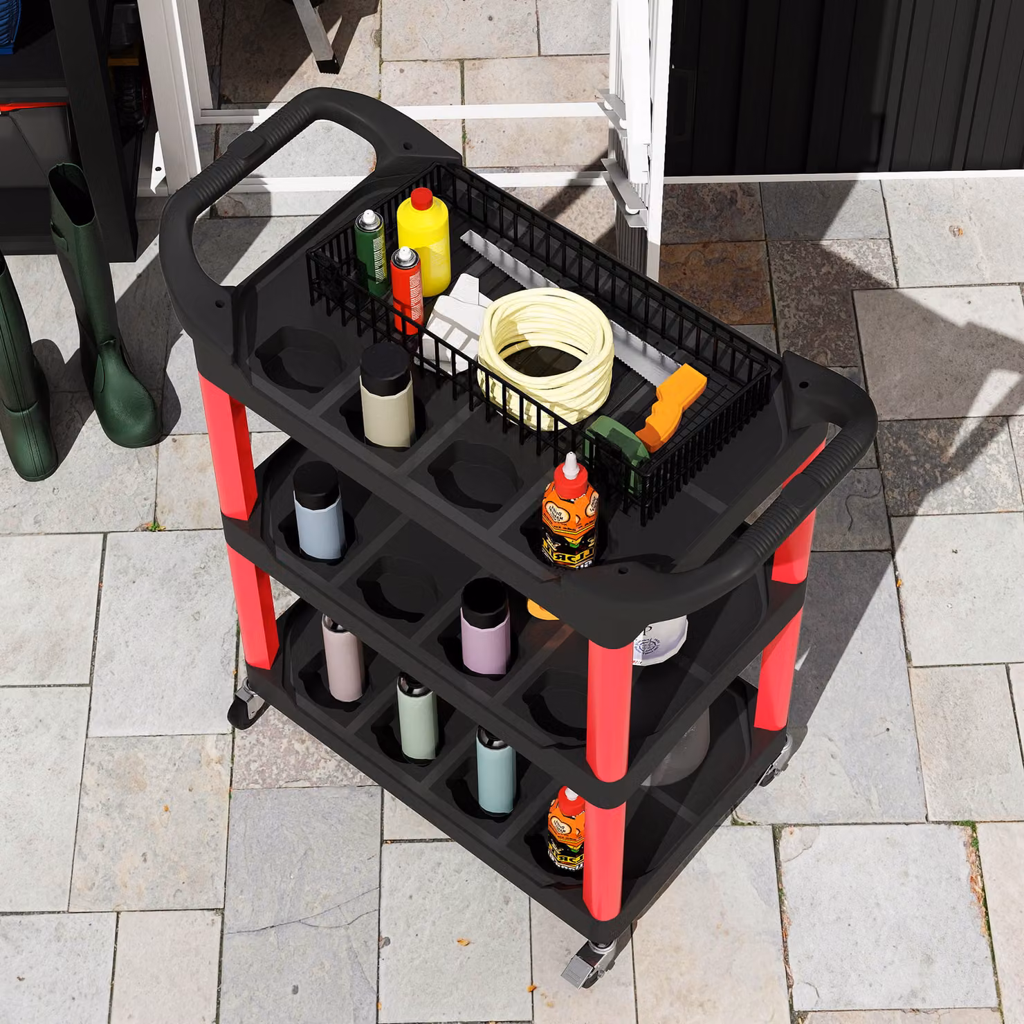 HOMCOM 3-Tier Rolling Plastic Tool Trolley with Handles and 91kg Capacity, Black and Red – 9