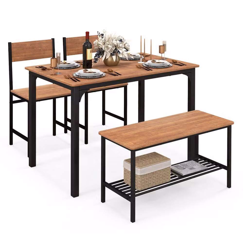 Costway 4-Piece Industrial Dining Table Set with Bench and Chairs in Brown – 3