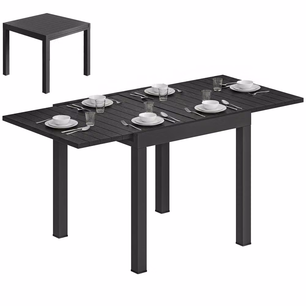 OUTSUNNY Black Aluminium Extending Garden Table with Faux Wood Slatted Top, W: 160 cm, D: 80 cm, H: 75 cm – 2