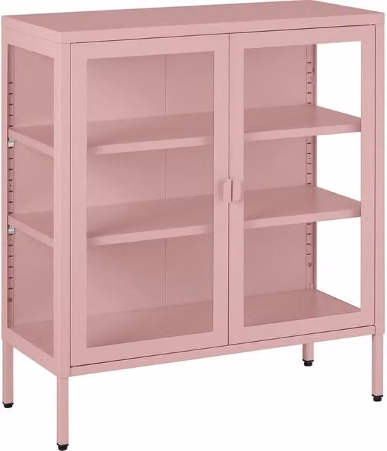 tectake Baker Metal Display Case with Glass Doors in Pink – 1