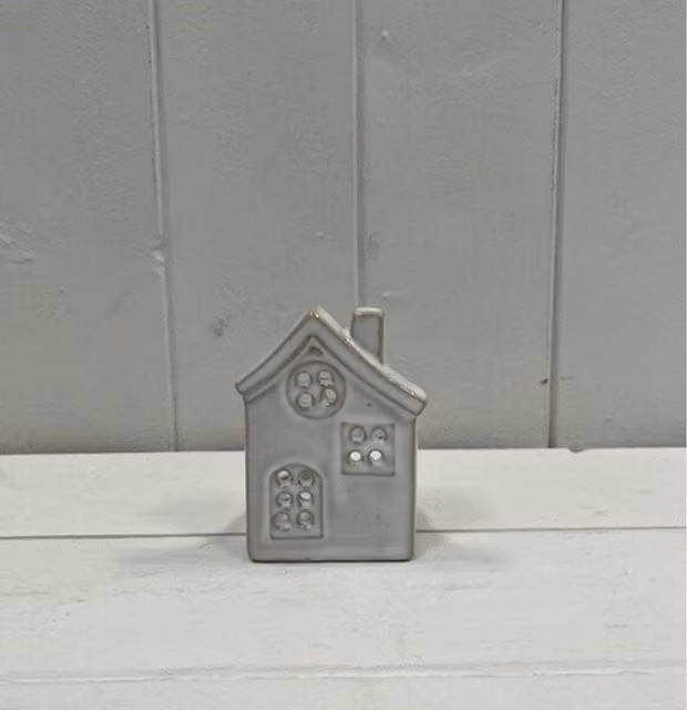 KDMD Grey Glazed Ceramic House Tealight Holder with Textured Detail