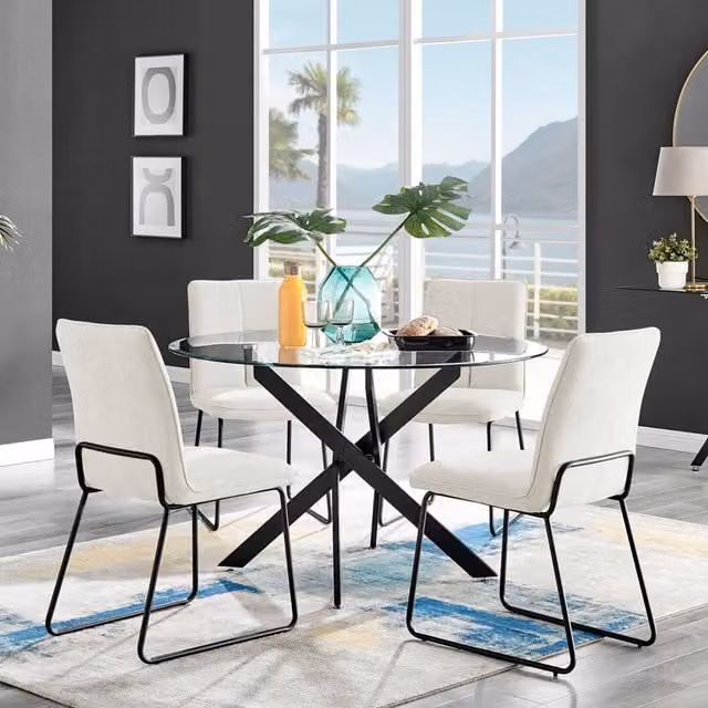 FurnitureboxUK Novara Round Glass Dining Table with 4 Halle Chairs in Black and Beige, Diameter: 120 cm