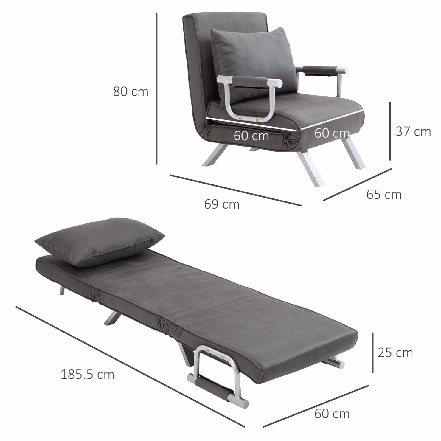 HOMCOM 2-in-1 Single Sofa Bed Sleeper, Foldable Microfibre Armchair with Metal Frame and Pillow, Dark Grey – 3