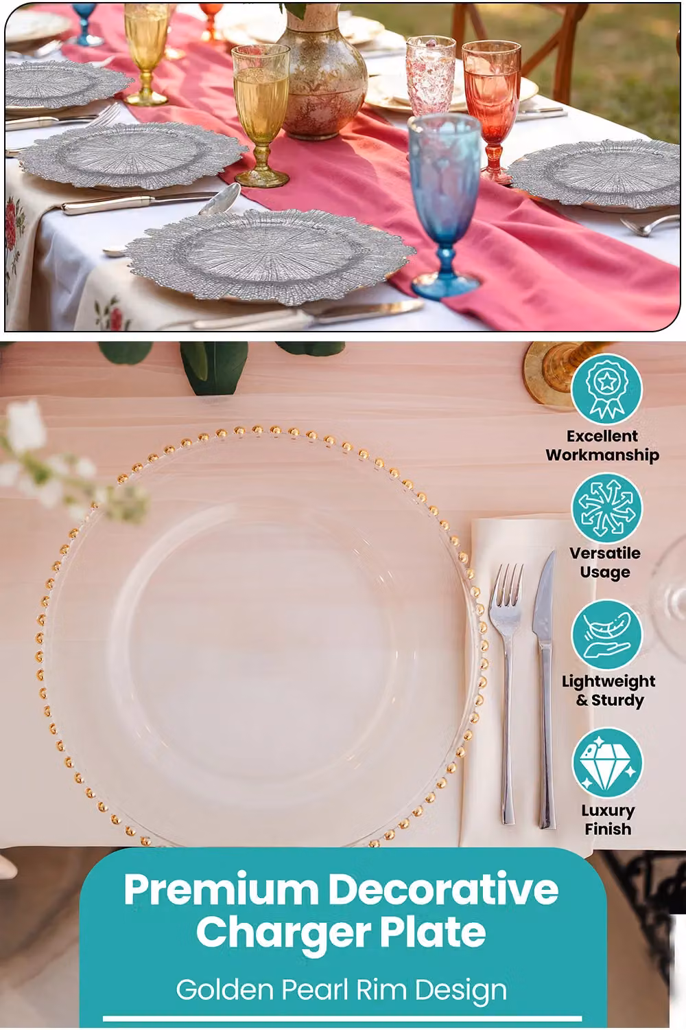 Neel Blue Set of 6 Glass Charger Plates with Gold Beaded Design, Diameter: 33 cm – 2