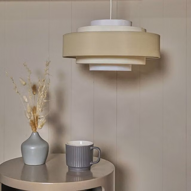 ValueLights Cream and Beige Fabric Cylinder Ceiling Pendant Shade with Warm White B22 Bulb, H 35.0 cm x W 19.5 cm – 1