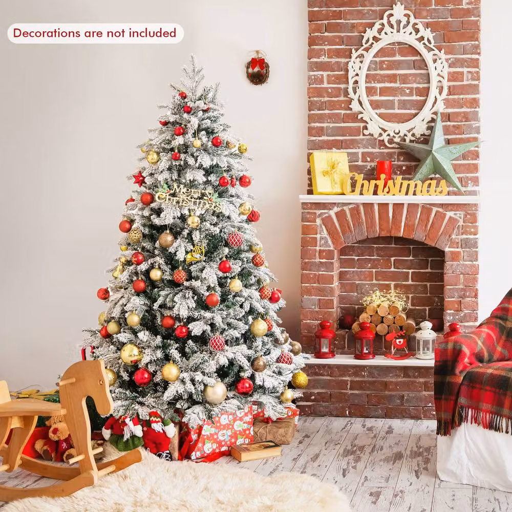 Gymax 6 FT Pre-Lit Flocked Christmas Tree in Green with 1415 Branch Tips and 260 Lights – 3