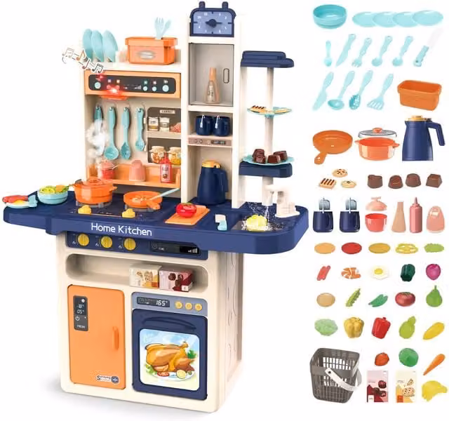 deAO Kids Pretend Toy Kitchen with Lights, Sounds and Accessories in Blue
