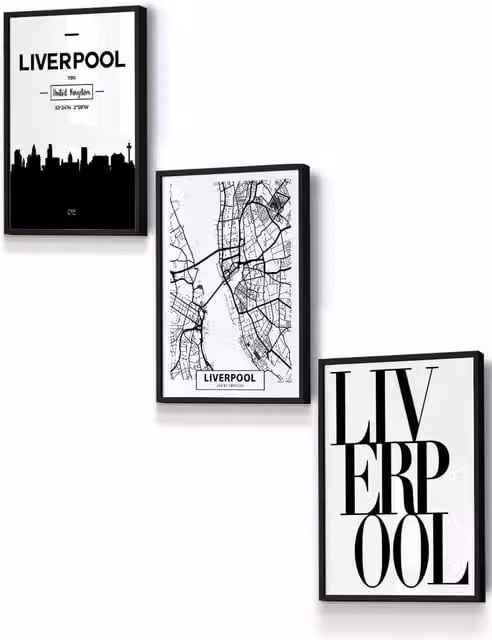 ARTZE Liverpool Skyline Street Map Framed Wall Art in Black, W: 33 cm, H: 45 cm, D: 2 cm