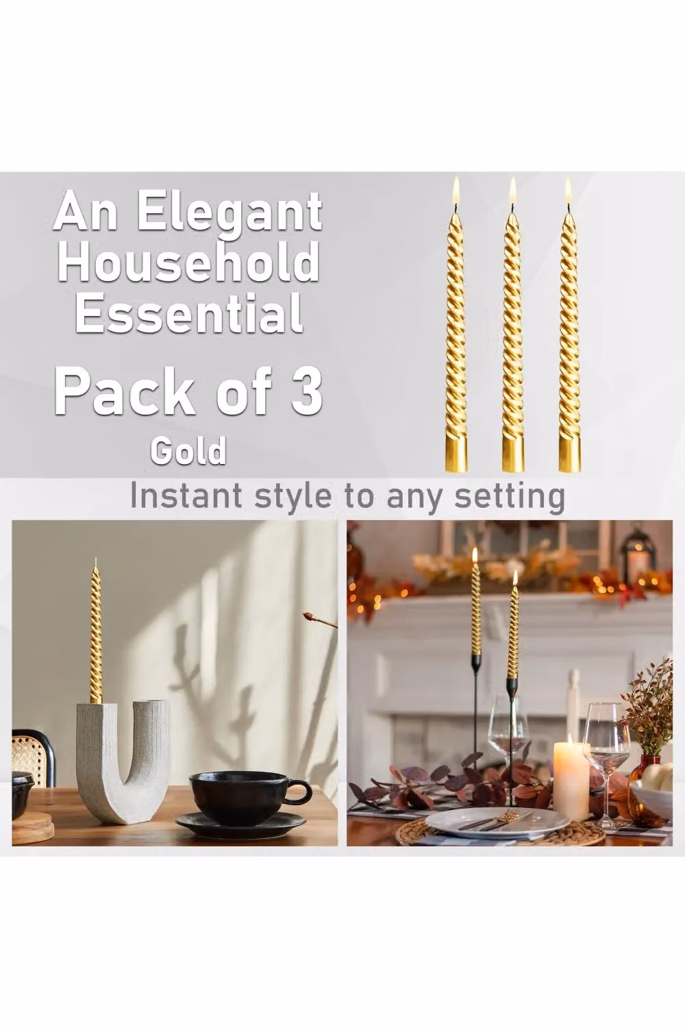 Deco Express Non Scented Twisted Non Drip Dinner Candles, Pack of 3, Gold – 4