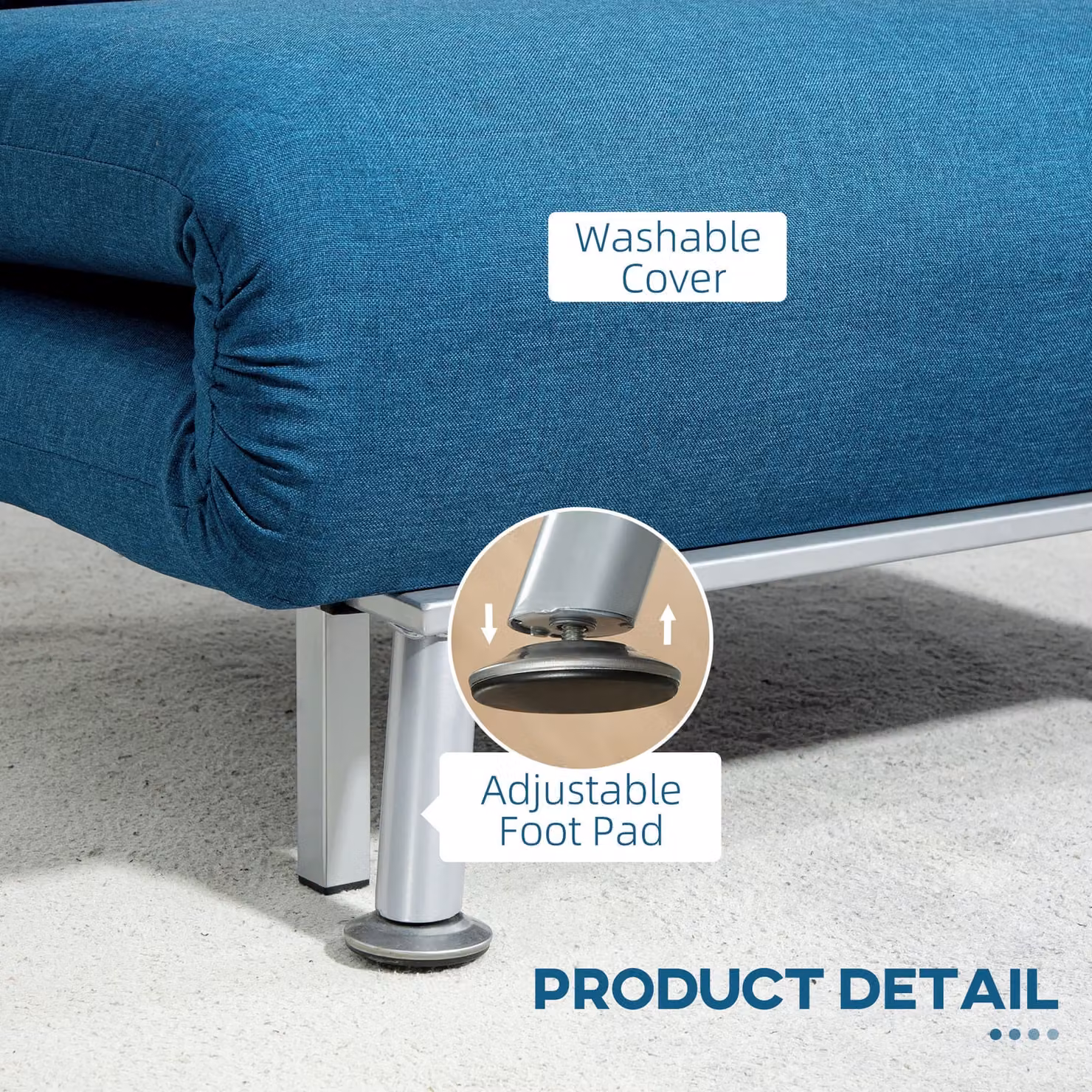 HOMCOM Single Sofa Bed with Pillow, Blue Cat Scratch Resistant Fabric Foldable Lounge Sleeper – 5