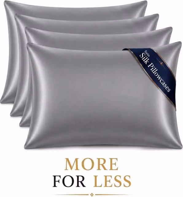 Pamposh Luxury Grey Mako Satin Silk Pillow Cases, 4 Pack, Standard Size