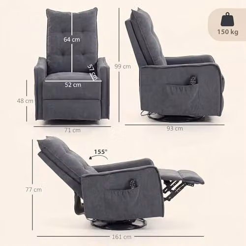 HOMCOM 360 Degree Swivel Recliner Armchair with Massage and Heat in Dark Grey – 3