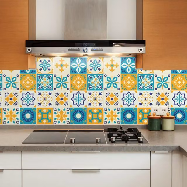 Walplus Adhesive Mediterranean Floral Wall Tile Stickers in Yellow and Blue, 24 Pack, W: 15 cm, H: 15 cm