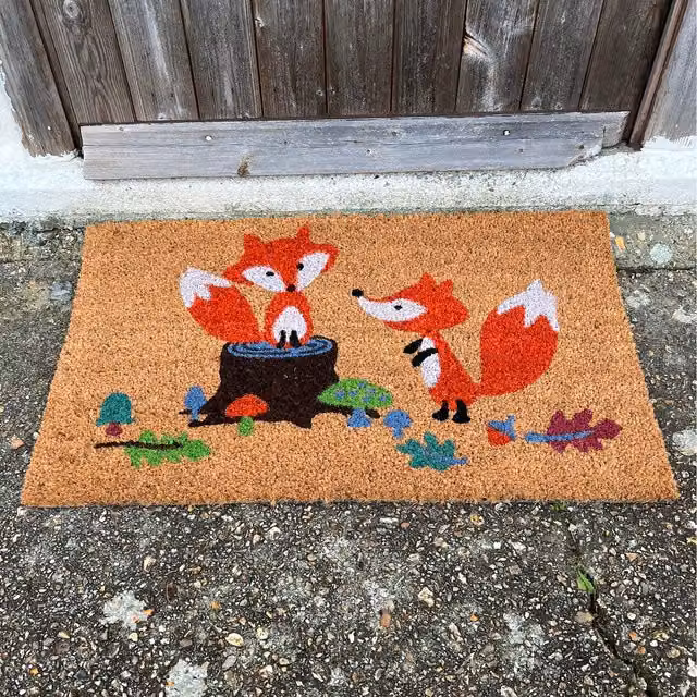 Brown Woodland Fox Coir and PVC Rectangular Indoor and Outdoor Doormat with Non-Slip and Weatherproof Features
